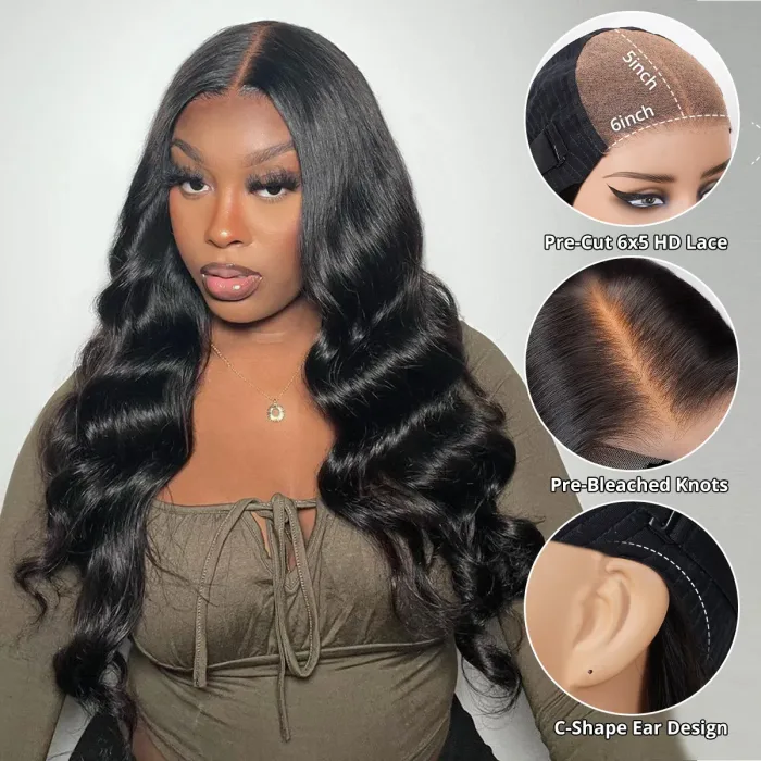 Pre-Cut 6×5 Lace Glueless Wig Body Wave Invisible Knots Natural Hairline