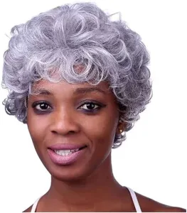 Elderly lady wearing a wavy wig