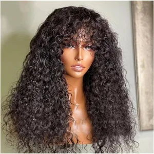 A model wearing a curly black lace front wig