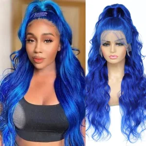 A model wearing an ombre black and blue wig with a smooth gradient effect.