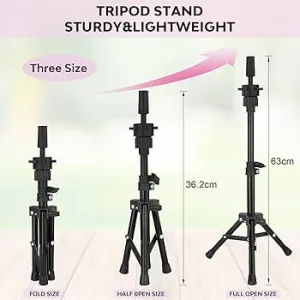 Display a tripod stand with a wig on it.