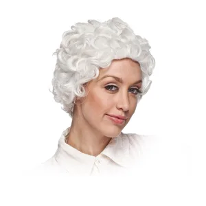 Elderly lady wearing a curly wig