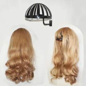 Show an image of a wig being styled on a stand.