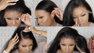 Step-by-step images of putting on a wig