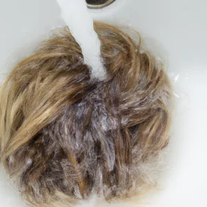 Step-by-step images of wig washing and drying process