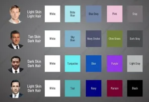 Swatches of different black and blue shades against various skin tones