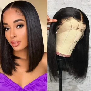 Woman showcasing a short lace wig