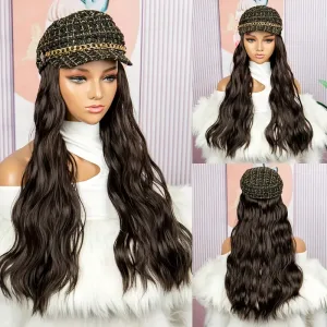 Wig styled with a headband and hat