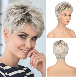 Woman wearing a short pixie cut wig