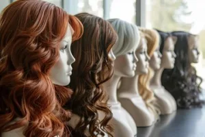 A display of various wig styles and colors