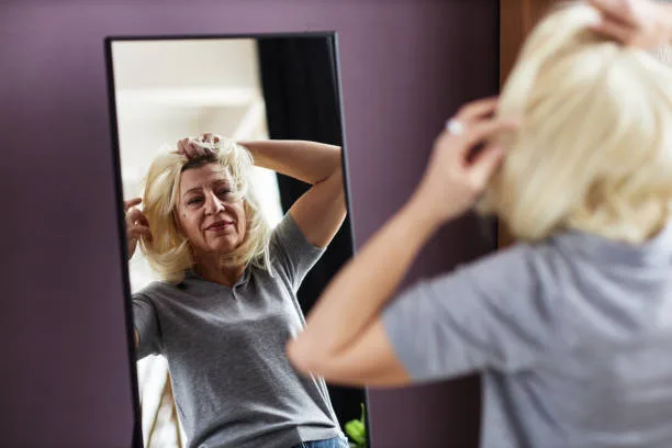 Elderly lady wearing a wavy wig