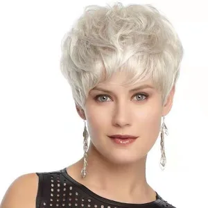 Woman wearing a layered pixie cut wig