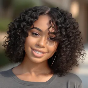 Woman showcasing a short lace wig