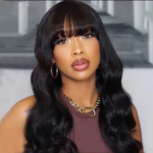 A model with a round face wearing a long curly lace wig with side-swept bangs