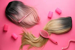 Step-by-step images of cleaning and styling a colorful wig