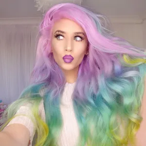 A display of different types of colorful wigs, including rainbow, neon, and pastel wigs