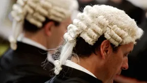 A barrister wearing a traditional full-bottom wig in court