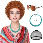 Red Orange+Glasses+Turquoise Necklace Earring+Wig Cap