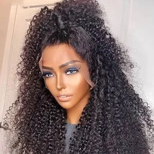 A close-up of a curly lace wig showing the lace front and natural curls