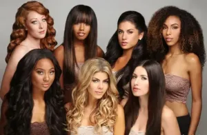 A collage of models with different face shapes wearing their recommended wig styles