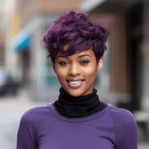 A model showcasing a layered short wig with soft waves