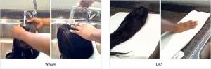 A step-by-step illustration of washing a wig