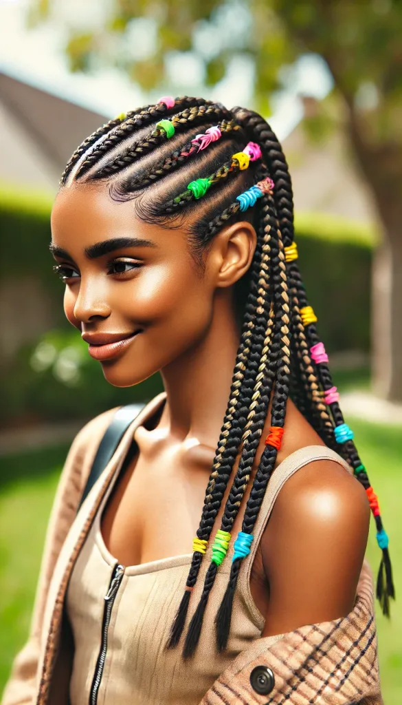 Side Lemonade Braids with Colorful Rubber Bands